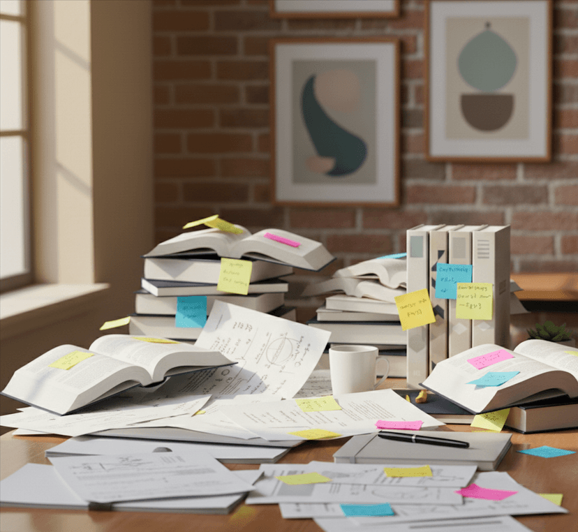 A desk covered in scattered papers — knowledge before structure